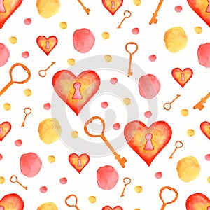 Watercolor seamless pattern with red and yellow elements.Heart lock,key,spots,polka dot. Wedding background. Watercolor texture