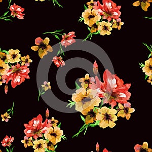 Watercolor seamless pattern with red and yellow summers flowers on black background. photo