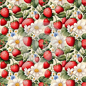 watercolor seamless pattern of ripe strawberries, leaves and flowers