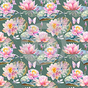 Watercolor Seamless Pattern with Romantic Flying dragonflies, butterflies, flowers and leaves of water lily on blue