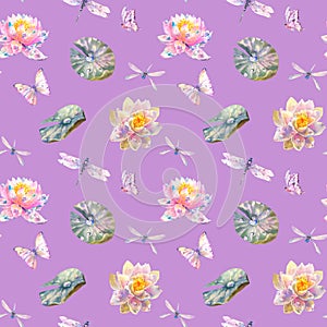 Watercolor Seamless Pattern with Romantic Flying dragonflies, butterflies, flowers and leaves of water lily on purple