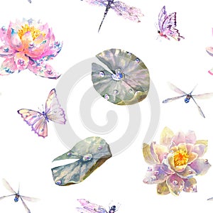 Watercolor Seamless Pattern with Romantic Flying dragonflies, butterflies, flowers and leaves of water lily on white