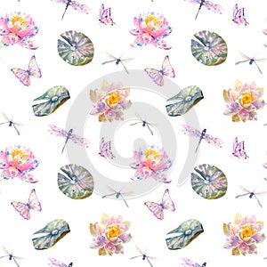 Watercolor Seamless Pattern with Romantic Flying dragonflies, butterflies, flowers and leaves of water lily on white