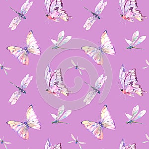 Watercolor Seamless Pattern with Romantic Flying Dragonflies and Butterflies on purple background. Watercolor