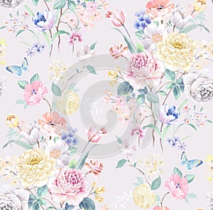 Watercolor seamless pattern with rose flowers.