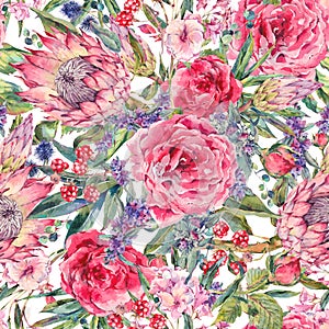 Watercolor seamless pattern with roses, protea and wildflowers