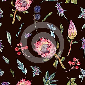 Watercolor seamless pattern with roses, protea and wildflowers