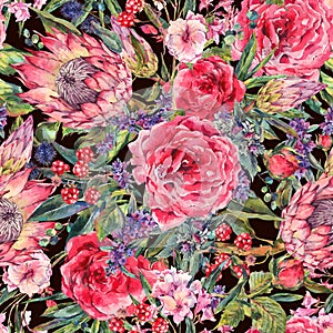 Watercolor seamless pattern with roses, protea and wildflowers