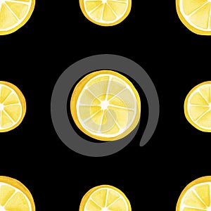 Watercolor Seamless Pattern with Round Slices of Lemons on a Black Background