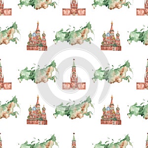 Watercolor seamless pattern with Russia landmarks, Kremlin, St. Basil`s Cathedral, Russia map on white background