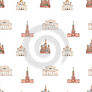 Watercolor seamless pattern with Russian landmarks, Kremlin, St. Basil`s Cathedral, Cathedral of Christ the Savior, Bolshoi
