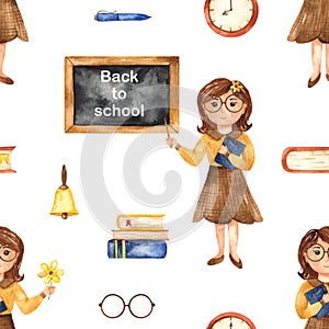 Watercolor seamless pattern with school teacher, blackboard, books, clock