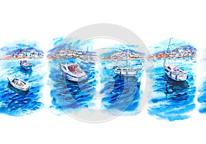 Watercolor seamless pattern with sea, boats, yachts