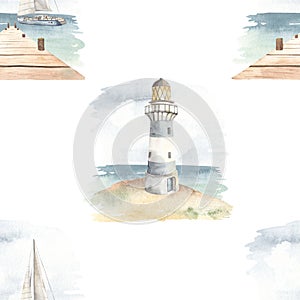 Watercolor seamless pattern sea cruise with seascape, yacht, lighthouse on white background