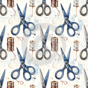 Watercolor Seamless Pattern of Sewing Scissors and Thread Spools