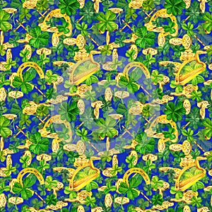 Watercolor seamless pattern with shamrocks, coins, horseshoes and harps. Illustrations with metal and natural texture in