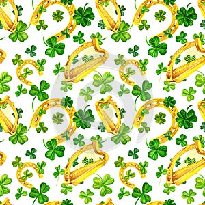 Watercolor seamless pattern with shamrocks, horseshoes and harps. Illustrations with metal and natural texture in