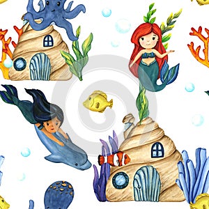 Watercolor seamless pattern shell house, cute mermaid, dolphin and blue violet seaweed. Seabed ocean, underwater