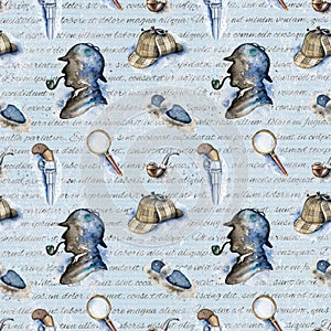 Watercolor seamless pattern with Sherlock Holmes objects