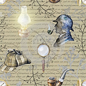 Watercolor seamless pattern with Sherlock Holmes objects