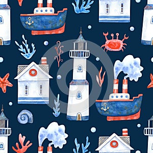 Watercolor seamless pattern with ships, crabs, starfish, sea houses, seaweeds and lighthouses on navy blue.