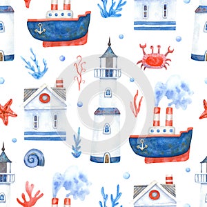 Watercolor seamless pattern with ships, crabs, starfish, sea houses, seaweeds and lighthouses on white