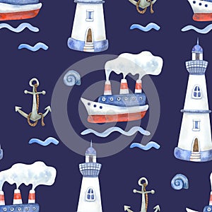 Watercolor seamless pattern with ships and lighthouses on navy blue