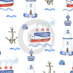 Watercolor seamless pattern with ships and lighthouses on white