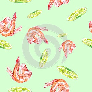 Watercolor Seamless pattern with shrimps and lime . Illustration isolated on green background