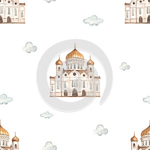 Watercolor seamless pattern with the sights of Russia, the Cathedral of Christ the Savior
