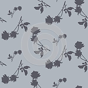 Watercolor seamless pattern with silhouettes of dark gray roses and leaves on light gray background. Chinese motifs.