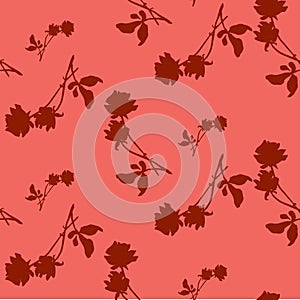 Watercolor seamless pattern with silhouettes of dark red roses and leaves on light red background. Chinese motifs.