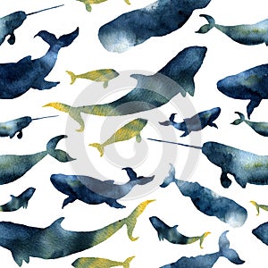 Watercolor seamless pattern with silhouettes of whales. Illustration with blue whales, cachalot, orca and narwhal isolated on whit