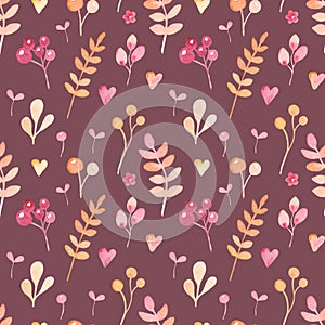 watercolor seamless pattern with simple peach floral elements on marsala background