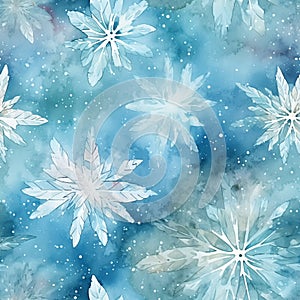 Watercolor seamless pattern with snowflakes on blue background