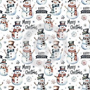 Watercolor seamless pattern with snowmen and snowflakes isolated on white background