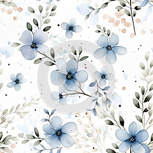Watercolor seamless pattern with soft flowers on white background