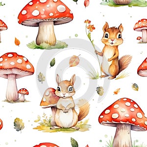 Watercolor seamless pattern with squirrel, fly agaric and leaves isolated on white background