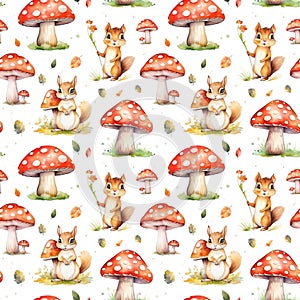 Watercolor seamless pattern with squirrel, fly agaric and leaves isolated on white background