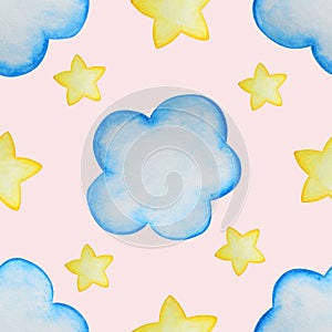 Watercolor seamless pattern with stars, clouds and moon.