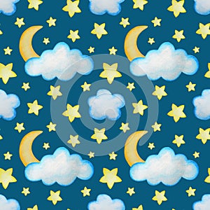 Watercolor seamless pattern with stars, clouds and moon.