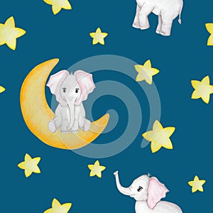 Watercolor seamless pattern with stars, elephant and moon