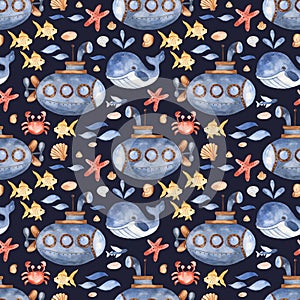 Watercolor seamless pattern with submarine, underwater creatures, seashell stones.