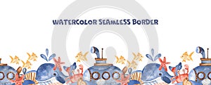 Watercolor seamless pattern with submarine, underwater creatures, seashell stones.