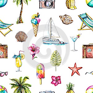 Watercolor seamless pattern with summer beach objects
