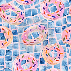 Watercolor seamless pattern of summer pool floats, geometric tile
