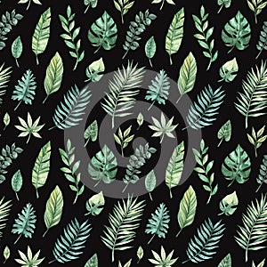 Watercolor seamless pattern. Summer tropical background. Tropical palm leaves monstera, areca, fan, banana. Perfect for