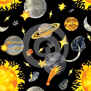 Watercolor seamless pattern with the sun and planets of the solar system mercury, venus, earth, mars, jupiter, saturn