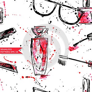 Watercolor seamless pattern with sunglasses, mascara, nail polish