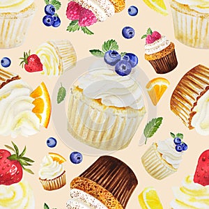 Watercolor seamless pattern of sweet cupcakes with fruits. Cliparts isolated for different cafe menu or food designs